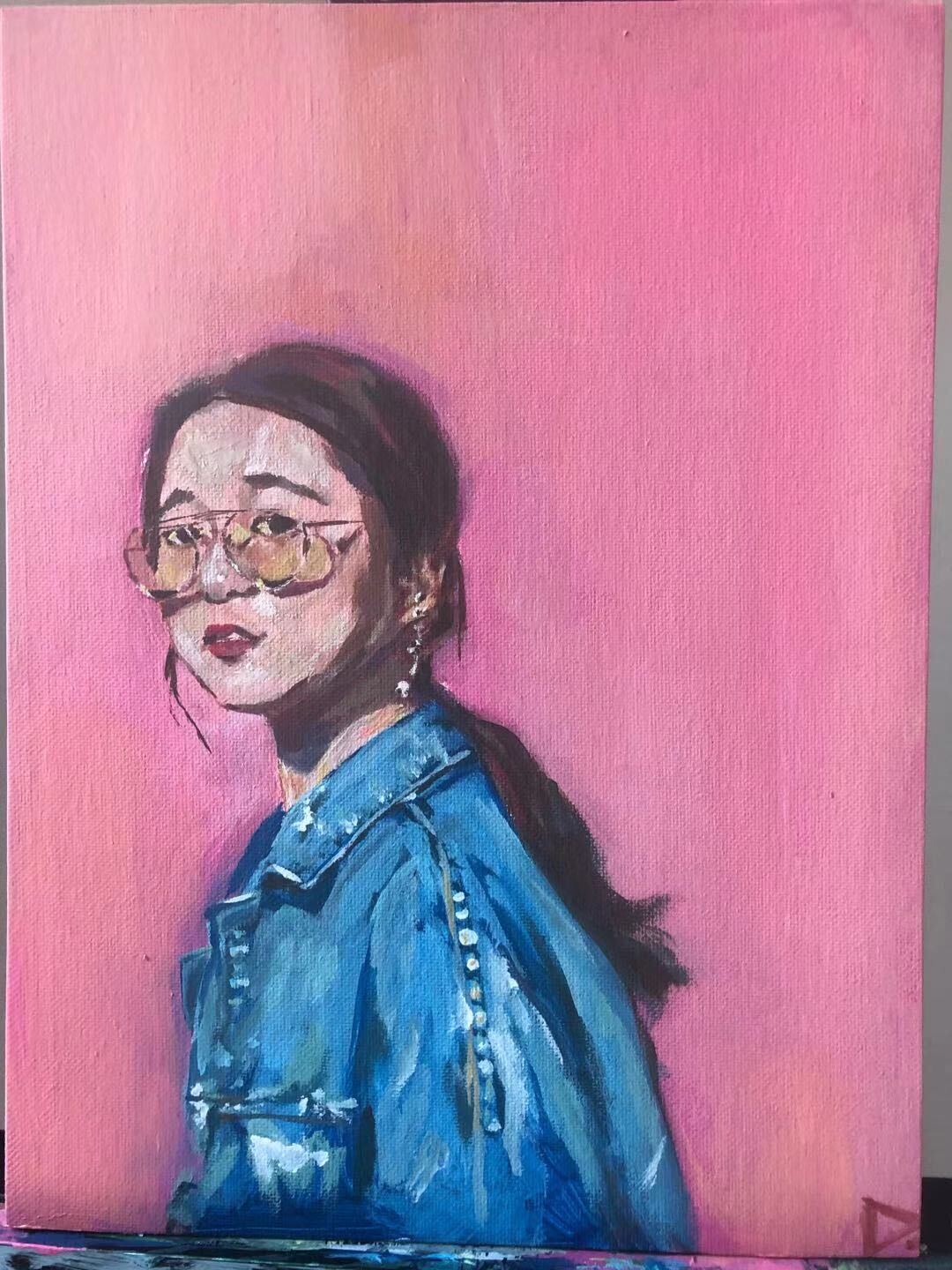 A painted portrait of a person with glasses and a blue jacket against a pink background