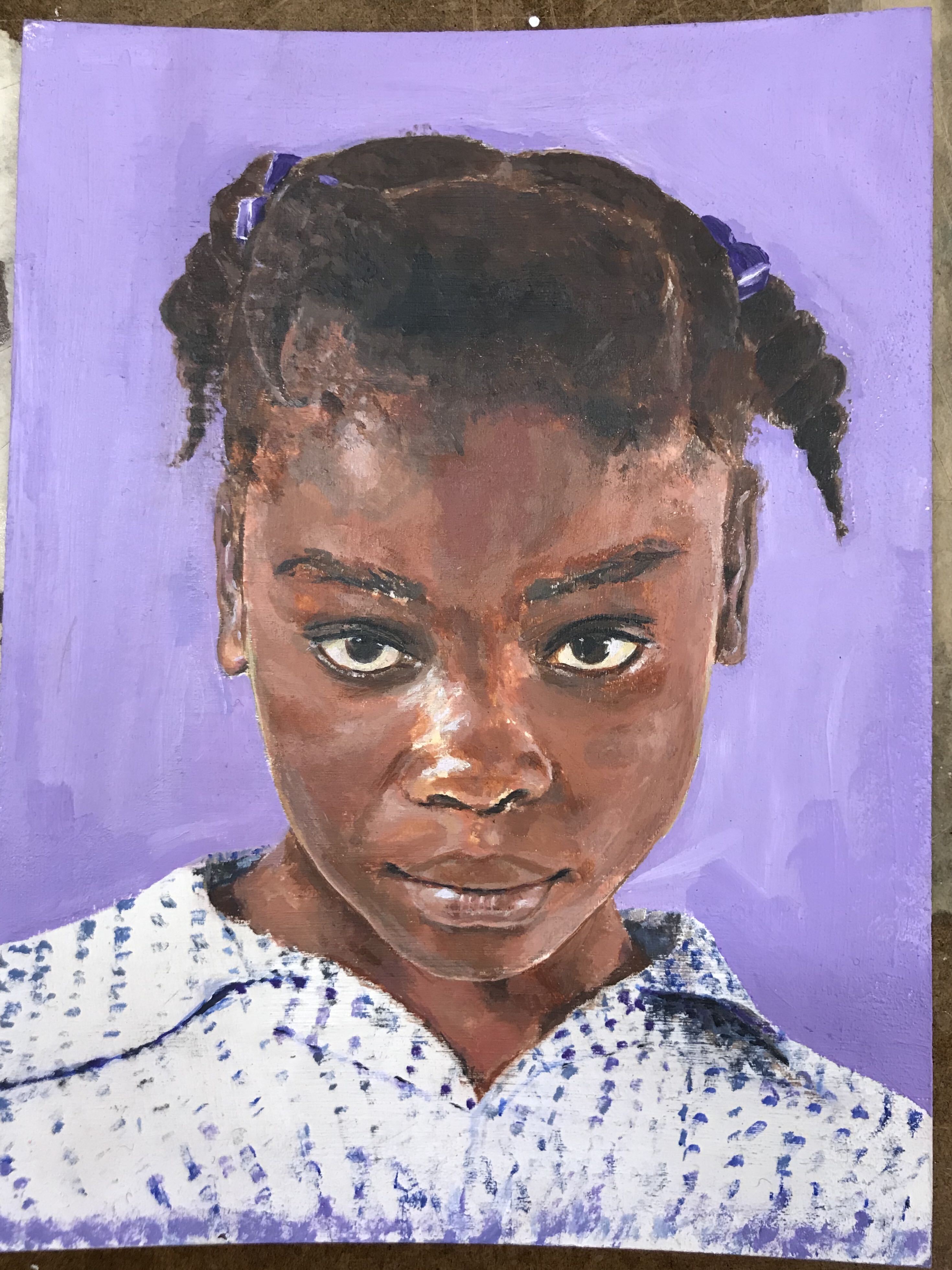 A painted portrait of a child in a patterned white shirt against a violet background