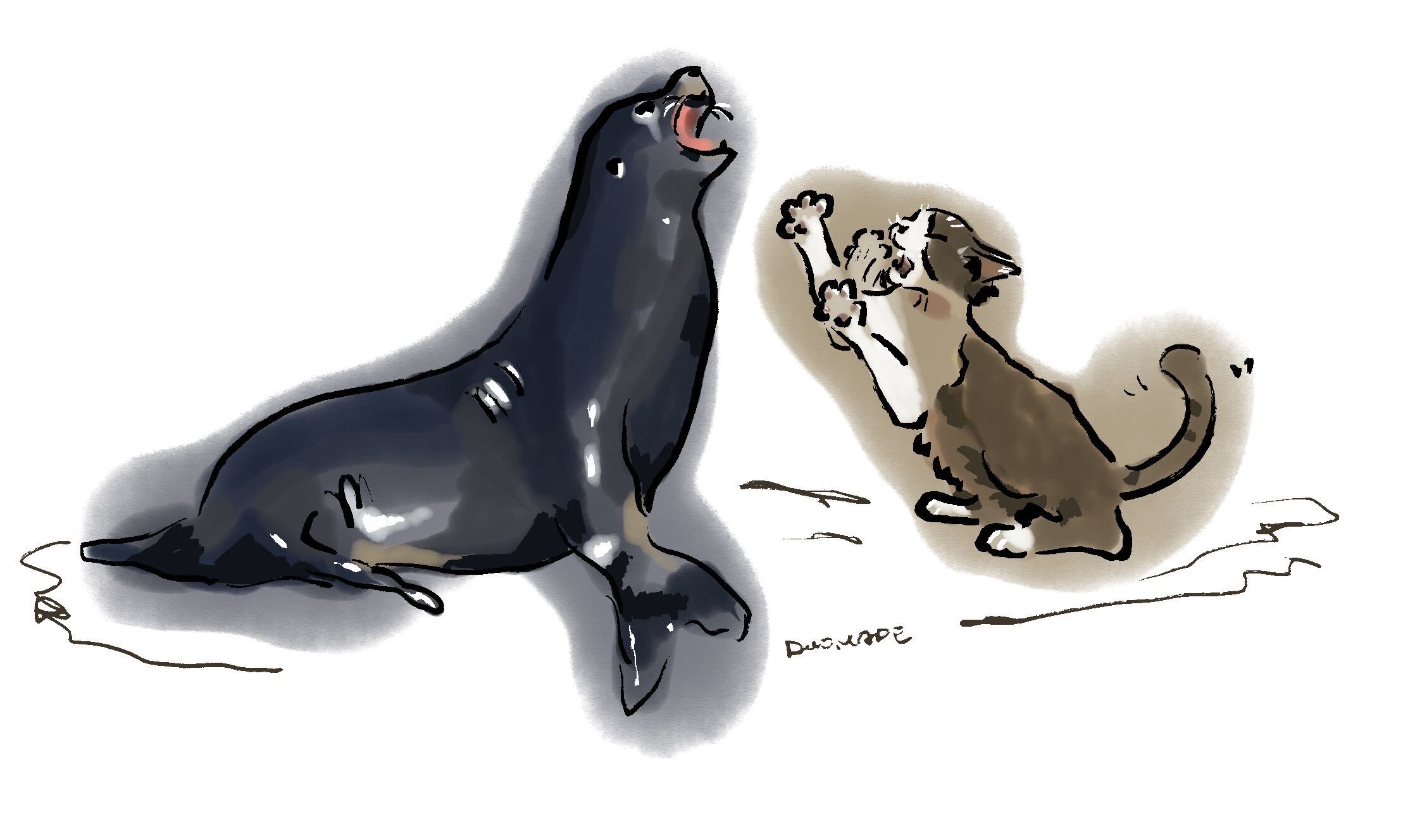 An illustration of a dark sea lion facing a small brown otter